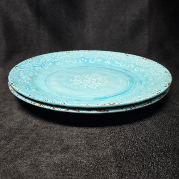 Cynthia Rowley Melamine Blue Rustic Crackle Scroll Dinner Plates 11" Set of 6 - Picture 3 of 11